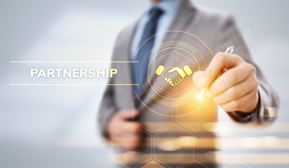 Partnership Business Finance concept on screen. Businessman pressing button.