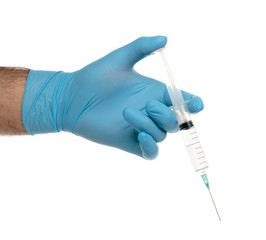Man's gloved hand with a syringe with clear liquid isolated on white