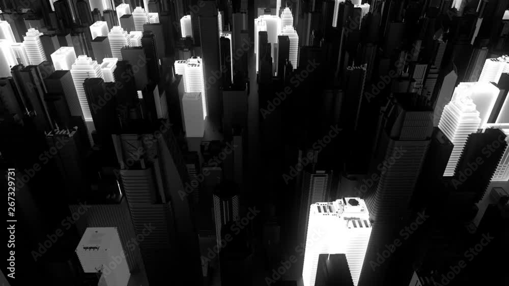 Poster 3d render of abstract city with skyscrapers. random buildings start to blink and glow. loopable anim
