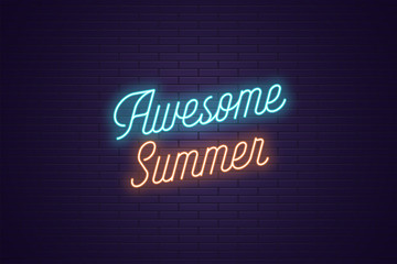 Neon lettering of Awesome Summer. Glowing text