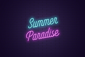 Neon lettering of Summer Paradise. Glowing text