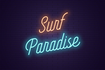 Neon lettering of Surf Paradise. Glowing text