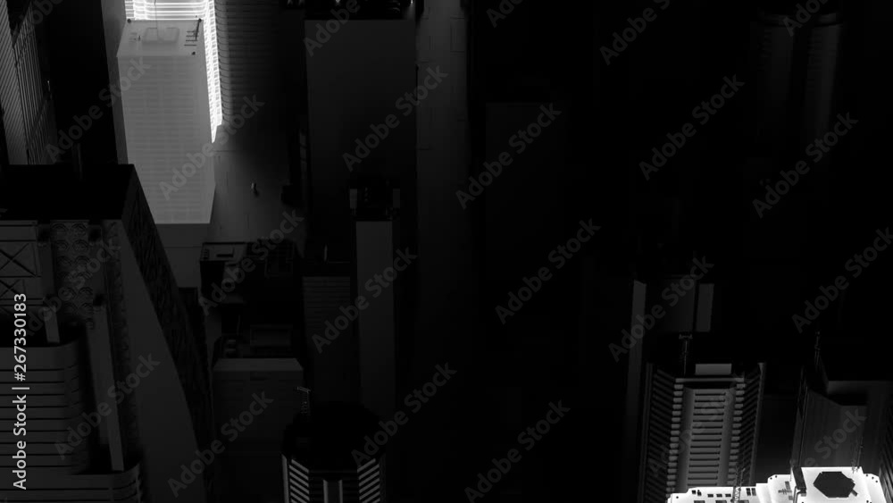 Poster 3d render of abstract city with skyscrapers. random buildings start to blink and glow. loopable anim