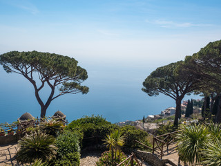 Fototapeta premium Panoramic view of famous Amalfi Coast with Gulf of Salerno from Villa Rufolo gardens in Ravello, Campania, Italy. April, 2019