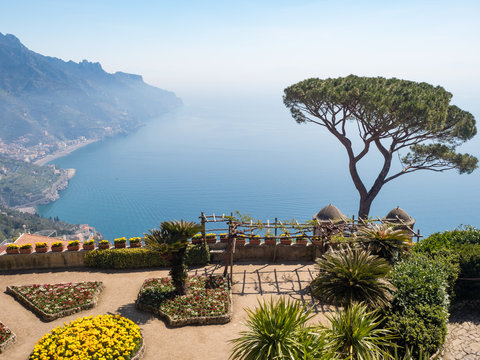 Panoramic view of famous Amalfi Coast with Gulf of Salerno from Villa Rufolo gardens in Ravello, Campania, Italy. April, 2019