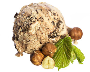 single edible hazelnut - chocolate ice cream ball with nuts and hazelnut leaf isolated on white background - top view