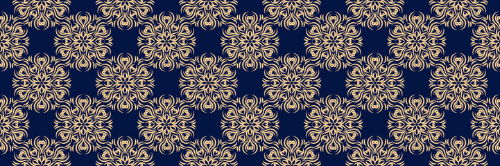 Floral seamless pattern. Golden flowers on dark blue background