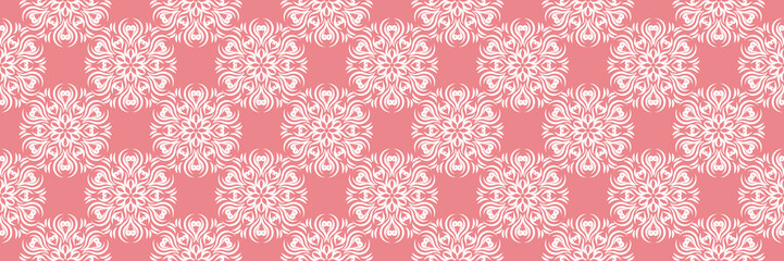 Floral white seamless print. On pale pink background