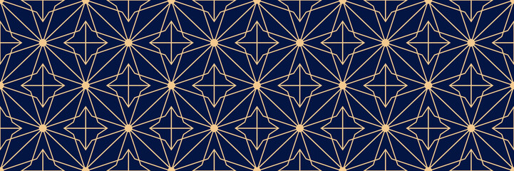 Geometric print. Golden pattern on dark blue seamless background