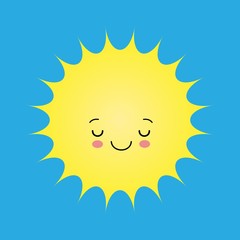 Funny sun icon illustration isolated on blue background. Flat style.