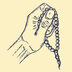 hands praying and prayer beads, sketch