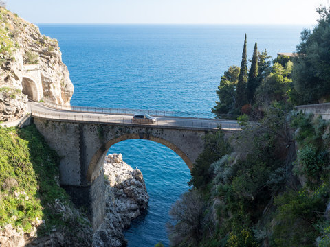 Looking down on the arched bridge at Fiordo di Furore on the Amalfi coast, Italy. April, 2019