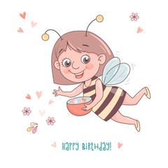 Cute cheerful cartoon girl bee flies through the sky