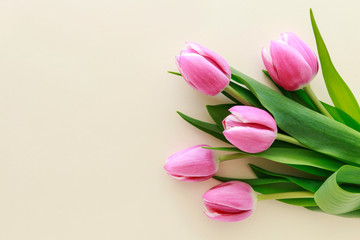 Fototapeta premium Bouquet of pink tulips, postcard motif