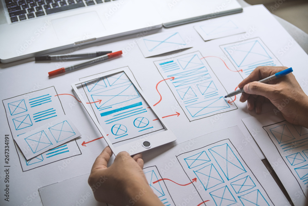Poster ux graphic designer creative sketch planning application process development prototype wireframe for