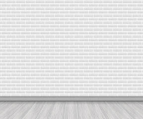 Realistic wood floor and white brick. Vector stock illustration.