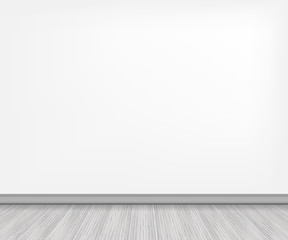 Realistic wood floor and white wall. Vector stock illustration.