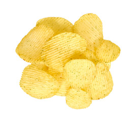 Golden color potato chips, crunchy and wavy.
