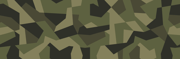 Vector geometric camouflage seamless pattern. Khaki design style for t-shirt. Military texture debris shape pattern, camo clothing while hunting illustration. - obrazy, fototapety, plakaty