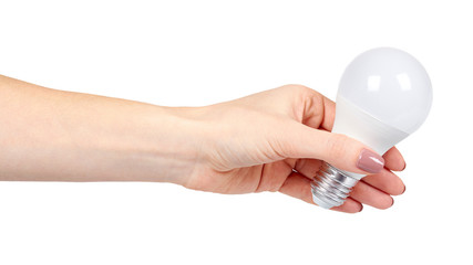 Hand with white LED bulb, eco friendly lamp, modern equipment.