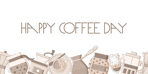 Banner template with coffee utensils with lettering.