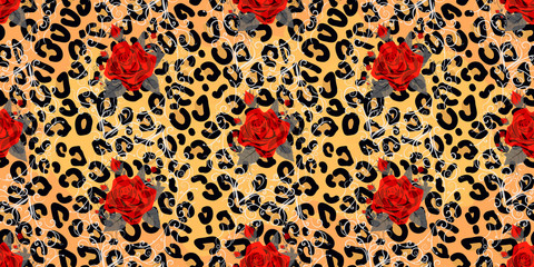 Seamless pattern with leopard print and red roses. Vector background with animal skin and flower texture. For printing on fabric, wallpaper, packaging. eps 10