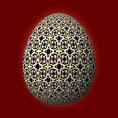 Happy Easter - Frohe Ostern, Artfully designed and colorful easter egg, 3D illustration on red background