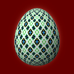 Happy Easter - Frohe Ostern, Artfully designed and colorful easter egg, 3D illustration on red background