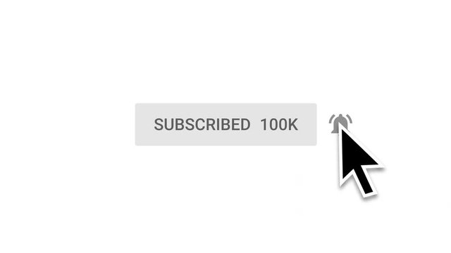 Reaching 100k subscribers.A Mouse pointer arrow clicking on Subscribe Button and then Bell Notification. White isolated Background. Minimalist.