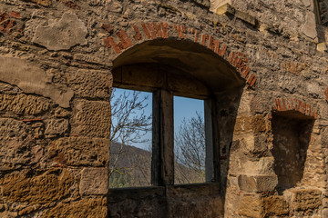 Fototapeta na wymiar Interior of castle Gleichen in Germany with blue sky in spring time