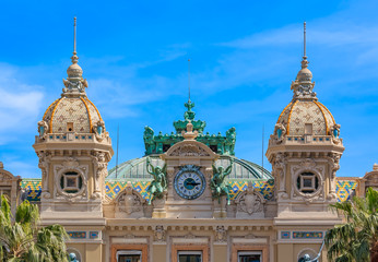 Ornate beaux arts style details of the famous Grand Casino or Monte Carlo Casino in Monaco on Place...