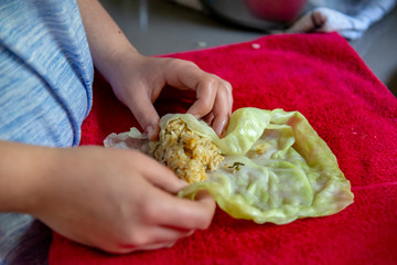 Preparing stuffed cabbage with rice