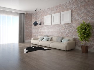 Mock up stylish lounge with a magnificent comfortable sofa and brick wall.