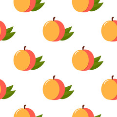 peach with leaves on white background, seamless pattern, background. vector