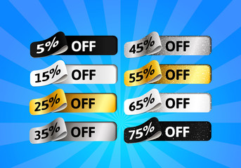 Special Offer Sale Set. Gold, Silver, black and White Shiny Labels with Percentage. Template Design of 3d Stickers