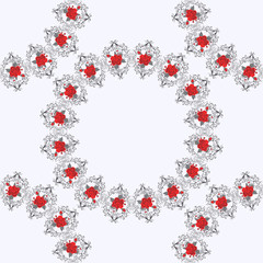 Seamless pattern with red flowers, leaves and berries on white background. Fashion design for fabric, textile, wrapping paper. Fancywork print. Vector illustration.