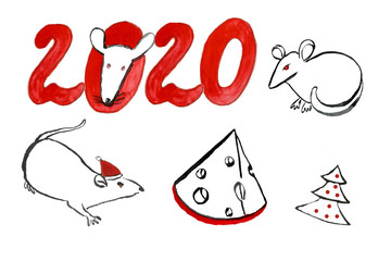 white rat symbol 2020 new year cartoon illustration red black art design date numbers