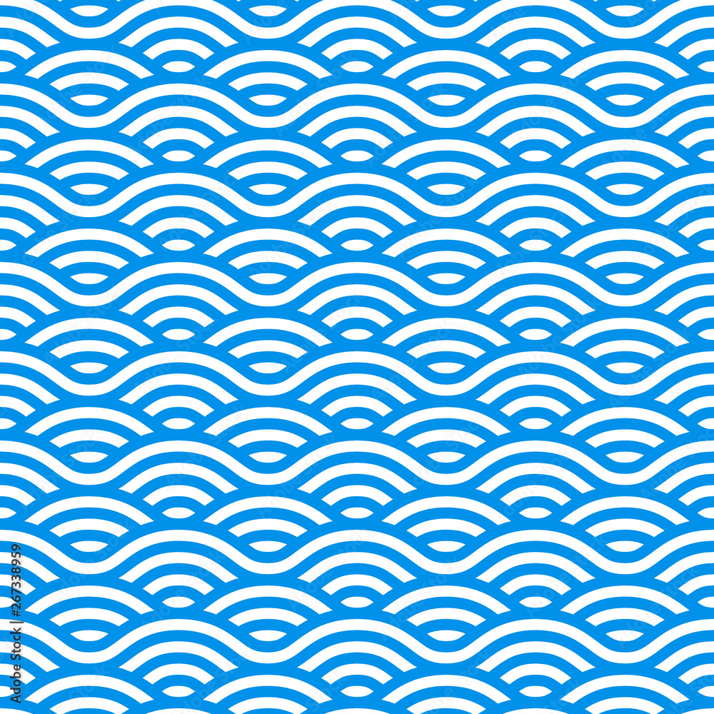 Poster seamless pattern with blue and white waves. waves of water in chinese style. vector linear ornament.