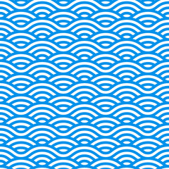 Seamless Pattern with Blue and White Waves. Waves of Water in Chinese Style. Vector Linear Ornament.