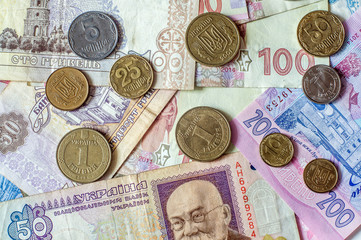 Ukrainian hryvnia, various coins and bills. Cash.