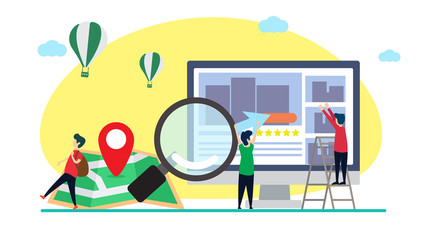 online hotel reservation creative illustration vector of graphic , small people online hotel reservation illustration vector , hotel reservation online vector , vector flat illustration