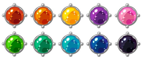 Shiny colorful round gem with golden frame set for mobile game interface design.