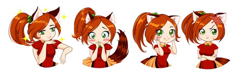 Naklejka premium Śliczna anime neko dziewczyna z czerwonymi włosami i zielonymi oczami. Cat foxy uszy i ogon. Ustawiono różne śmieszne emocje.