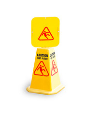 Isolated Warning plates wet floor on a white background with clipping path.