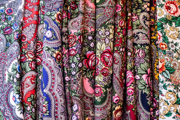Colourful ukrainian shawls on the market.
