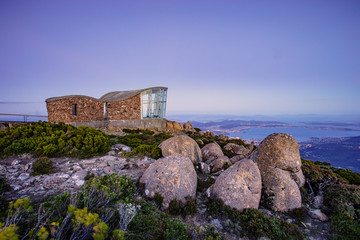 View from Mount Wellington in Hobart, Tasmania at sunset 
