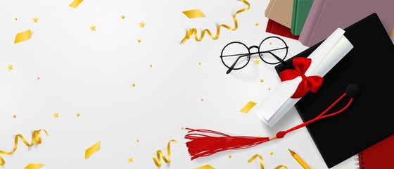 Graduation vector banner. Background Congrats graduates with objects viewed from above hat with degree paper, books, notebook and pencil, glasses, gold confetti, ribbons and stars.