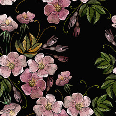Embroidery wild pink flowers seamless pattern. Fashion template for clothes, textiles and t-shirt design