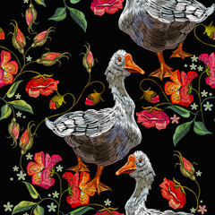 Embroidery goose, berry and red poppies flowers seamless pattern. Template for clothes