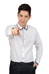 Happy young businessman in suit looking at camera on white background, isolated concept